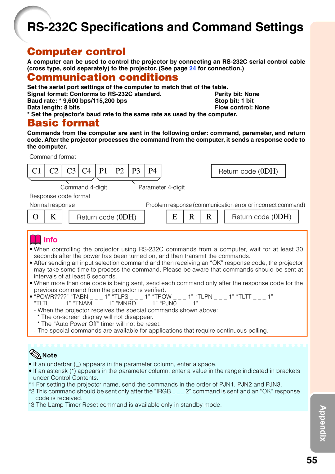 Sharp XR-30S, XR-30X, XR-40X operation manual RS-232C Specifications and Command Settings, Return code 0DH 