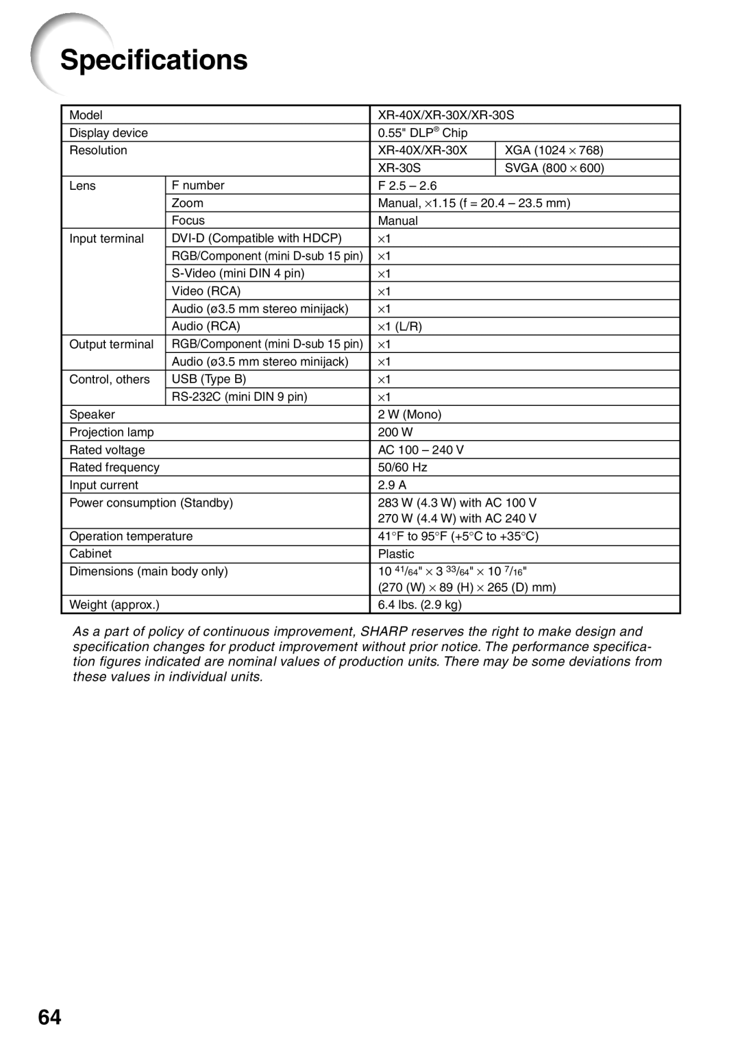 Sharp XR-30S, XR-30X, XR-40X operation manual Specifications 