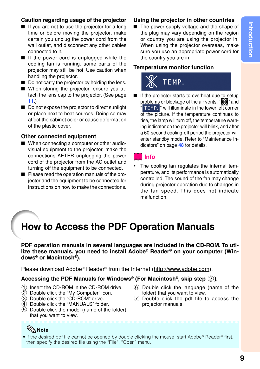 Sharp XR-40X, XR-30X How to Access the PDF Operation Manuals, Info, Introduction, Caution regarding usage of the projector 