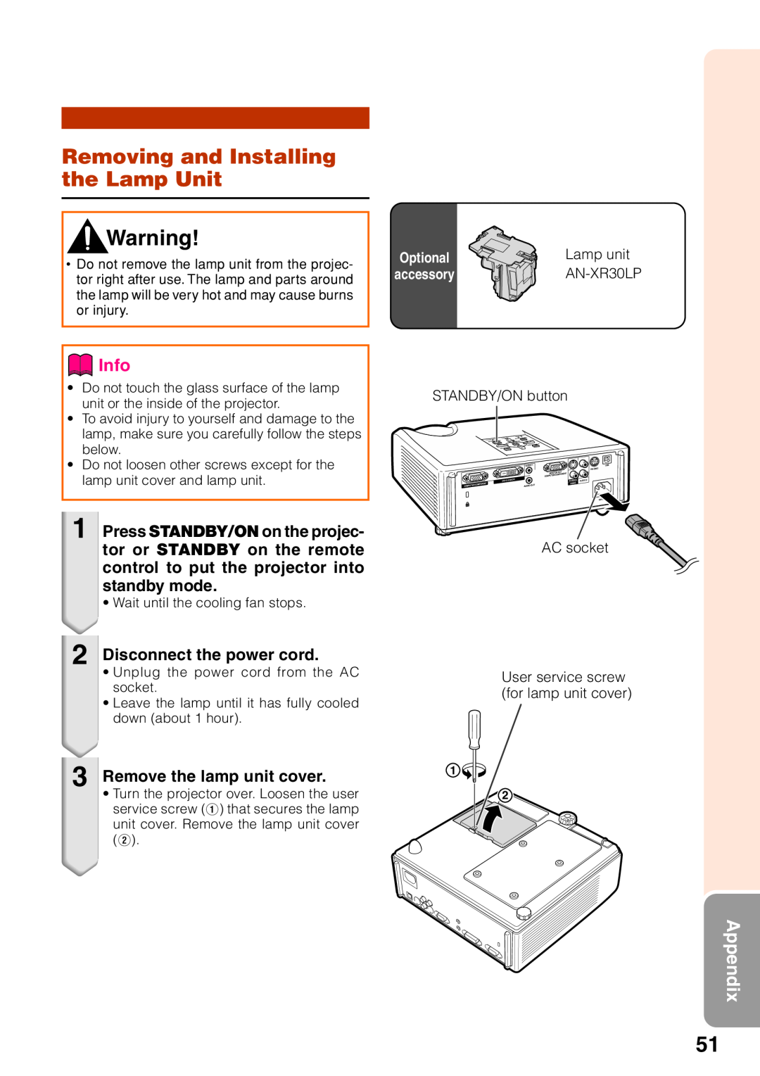 Sharp XR-40X Removing and Installing the Lamp Unit, Info, Appendix, Disconnect the power cord, Remove the lamp unit cover 