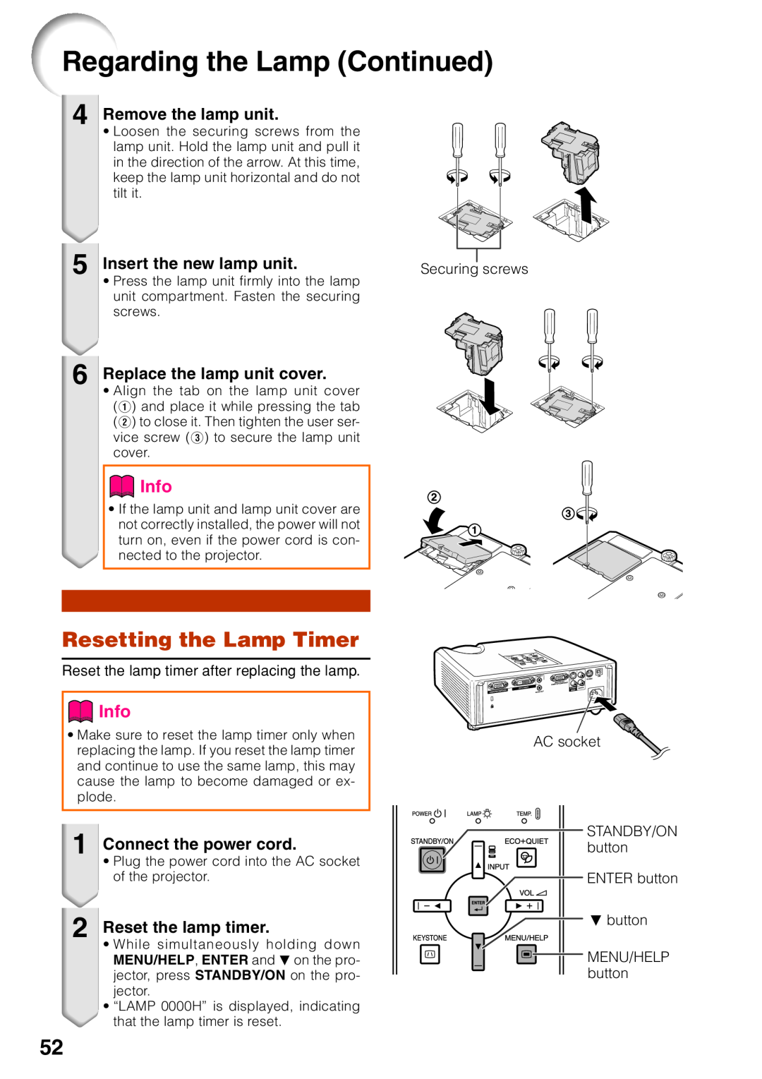 Sharp XR-30S Regarding the Lamp Continued, Resetting the Lamp Timer, Info, Remove the lamp unit, Insert the new lamp unit 