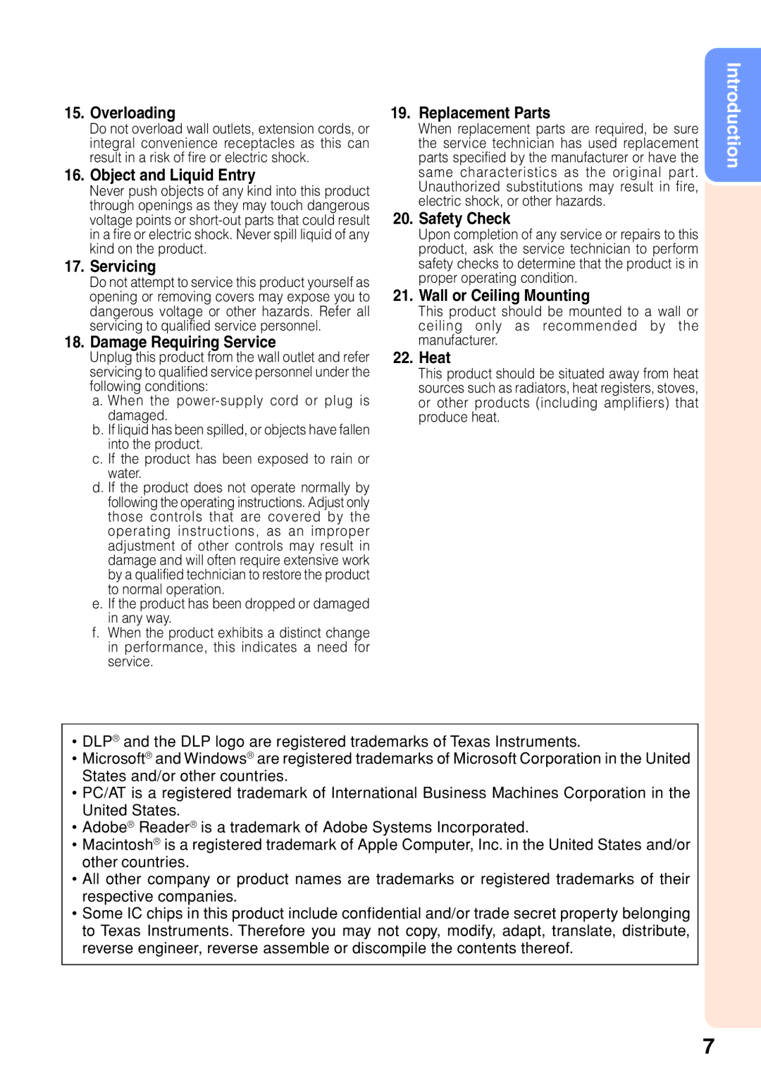 Sharp XR-32S-L Overloading, Object and Liquid Entry, Servicing, Damage Requiring Service, Replacement Parts, Safety Check 