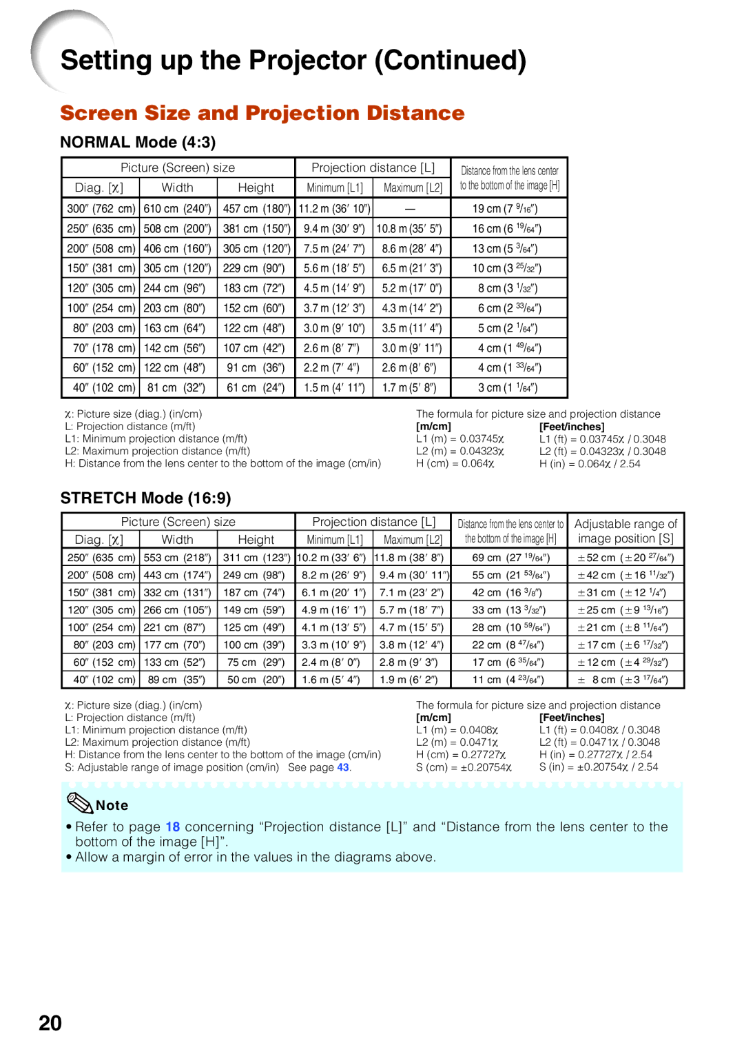 Sharp XR-32X-L, XR-32S-L quick start Screen Size and Projection Distance, Normal Mode, Stretch Mode 