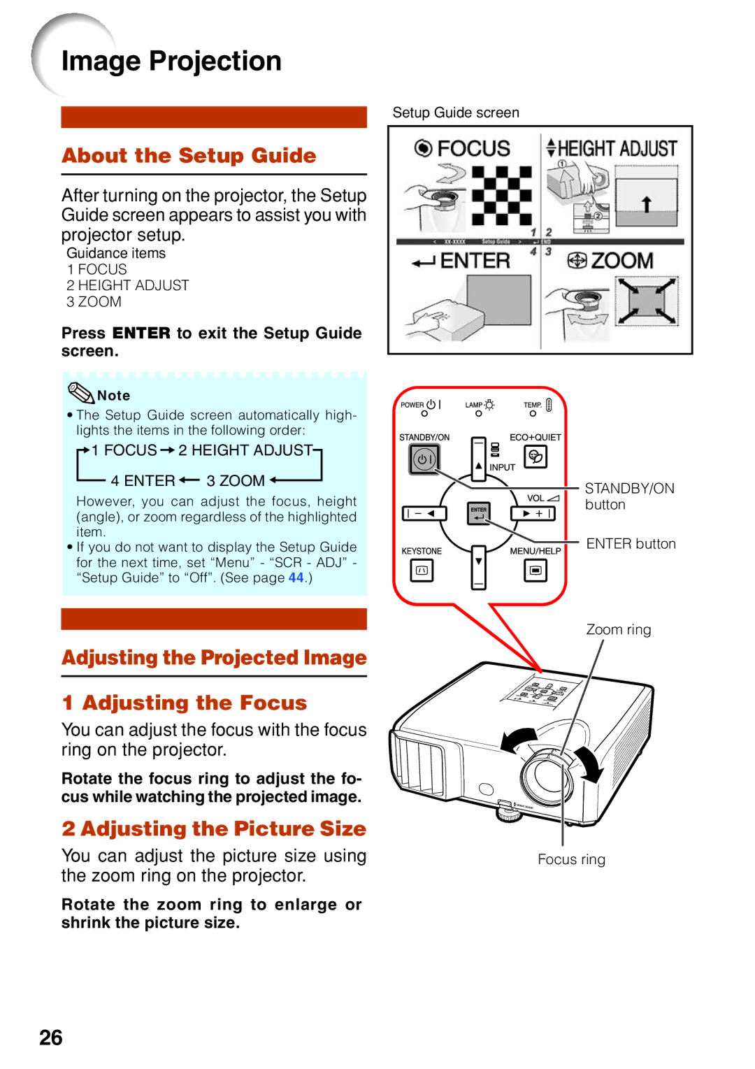 Sharp XR-32X-L, XR-32S-L Image Projection, About the Setup Guide, Adjusting the Projected Image Adjusting the Focus 