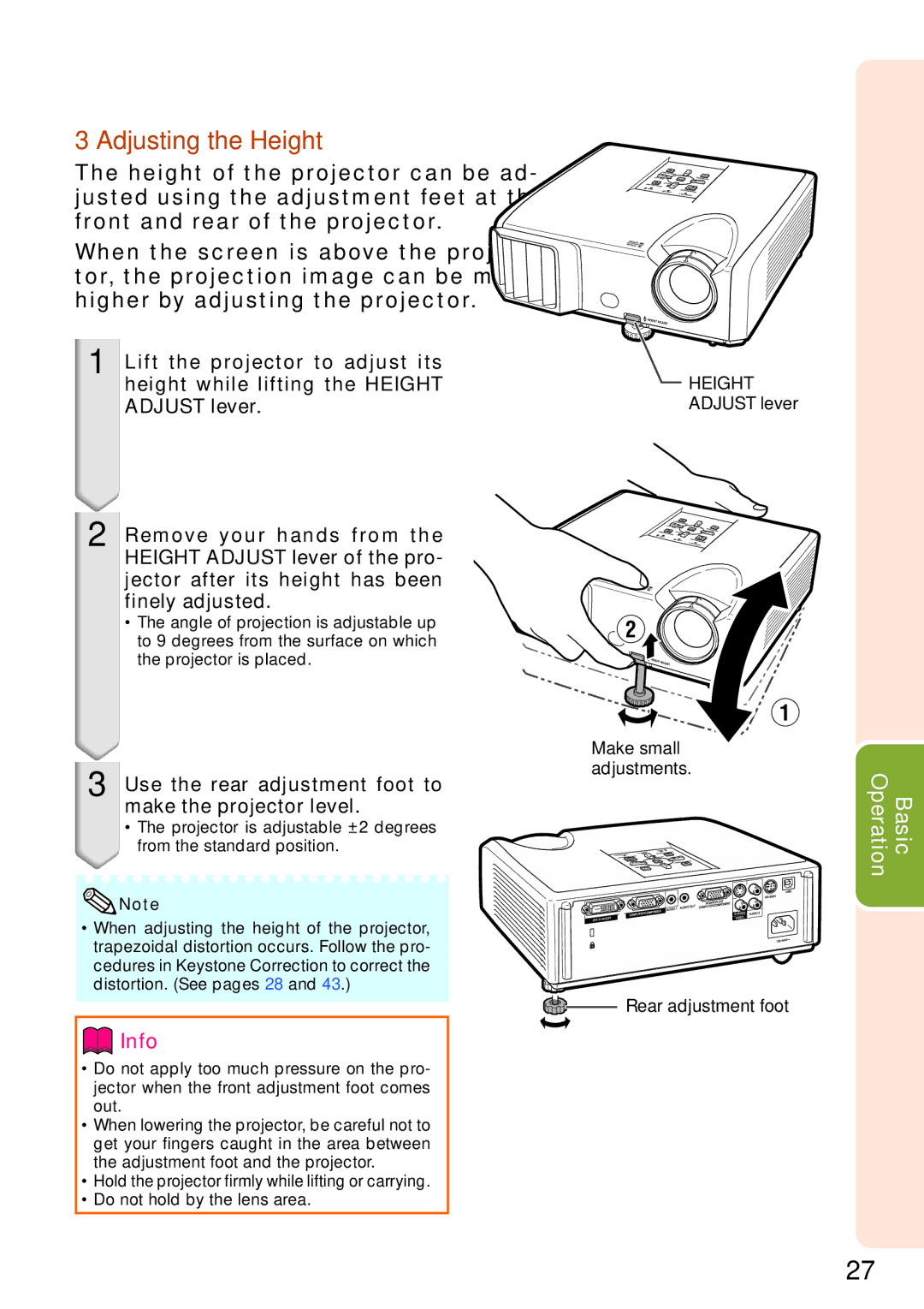 Sharp XR-32S-L, XR-32X-L quick start Adjusting the Height, Use the rear adjustment foot to make the projector level 