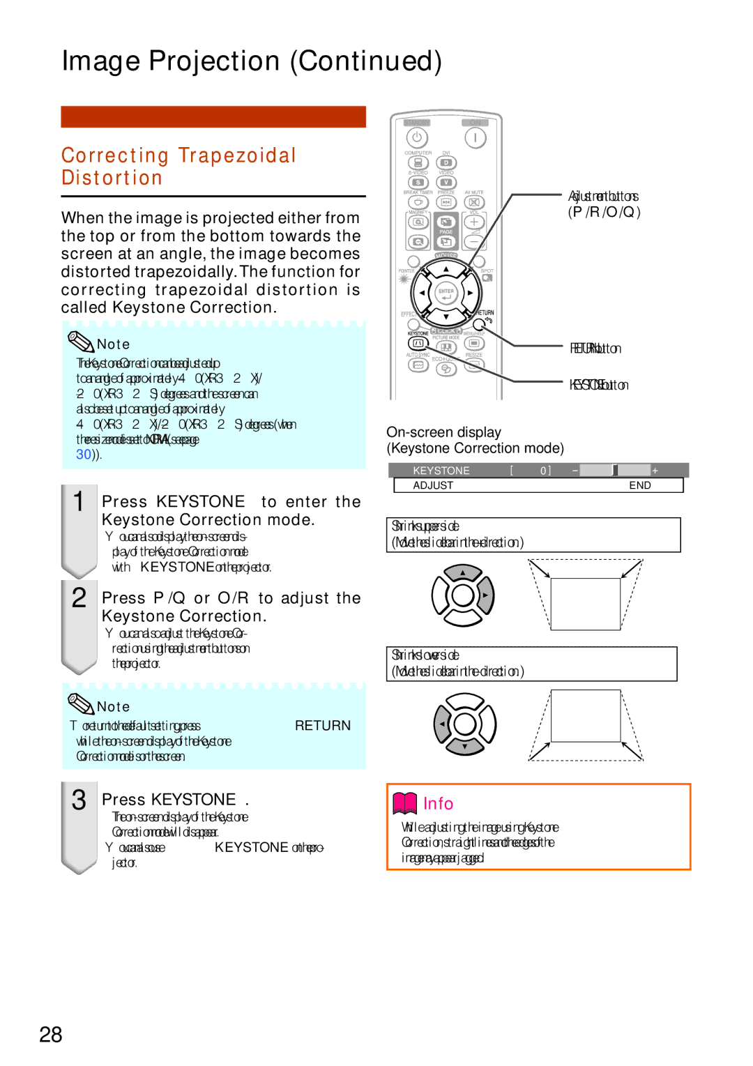 Sharp XR-32X-L, XR-32S-L quick start Correcting Trapezoidal Distortion, Press Keystone to enter the Keystone Correction mode 