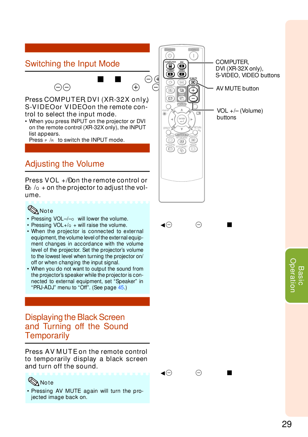 Sharp XR-32S-L, XR-32X-L quick start Switching the Input Mode, Adjusting the Volume, On-screen display 