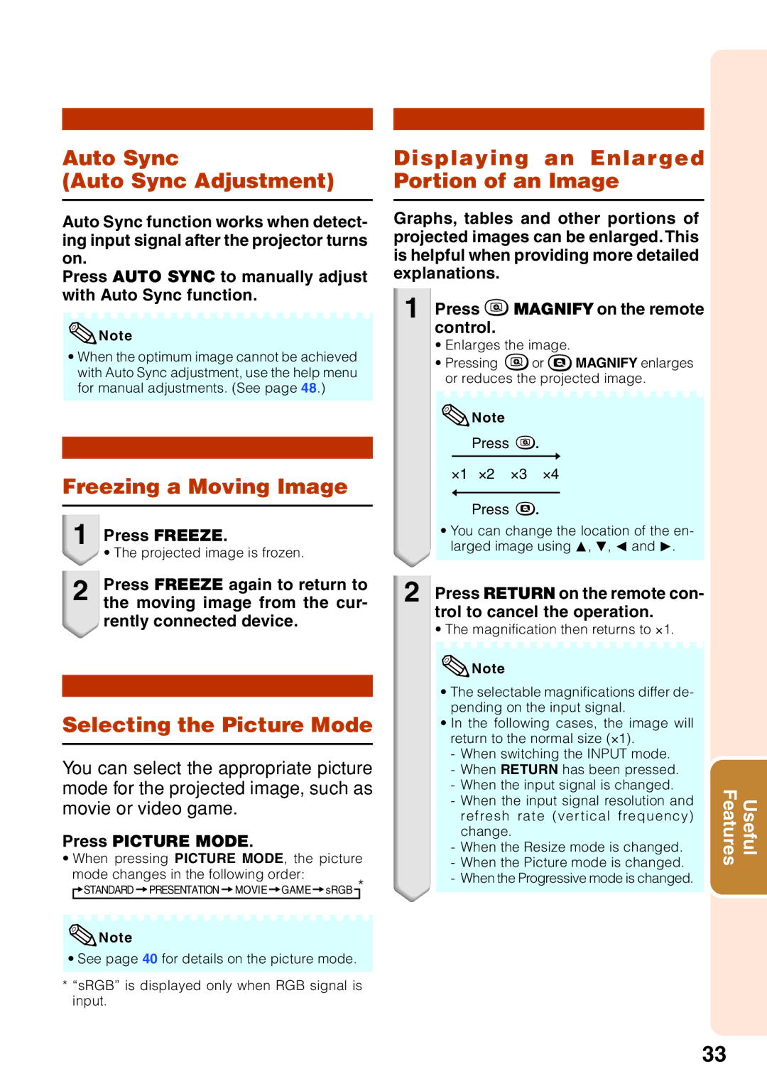 Sharp XR-32S-L, XR-32X-L Auto Sync Auto Sync Adjustment, Freezing a Moving Image, Selecting the Picture Mode, Press Freeze 