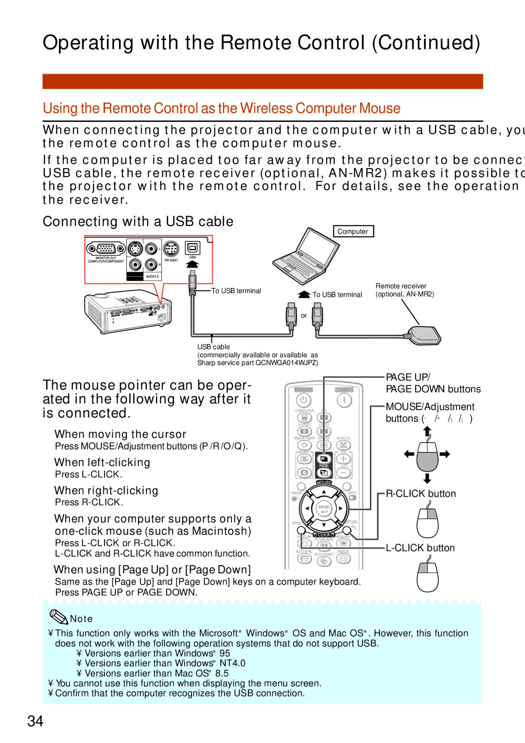 Sharp XR-32X-L Using the Remote Control as the Wireless Computer Mouse, When moving the cursor, When left-clicking 