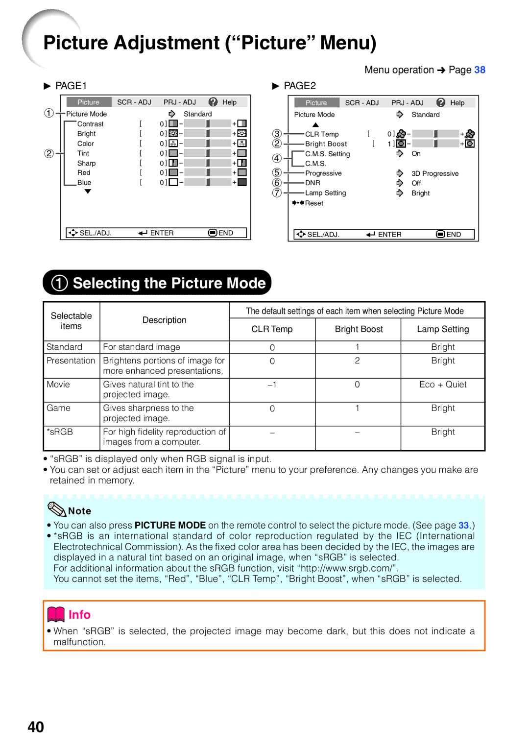 Sharp XR-32X-L, XR-32S-L Picture Adjustment Picture Menu, Selecting the Picture Mode, PAGE1, Menu operation n, PAGE2 