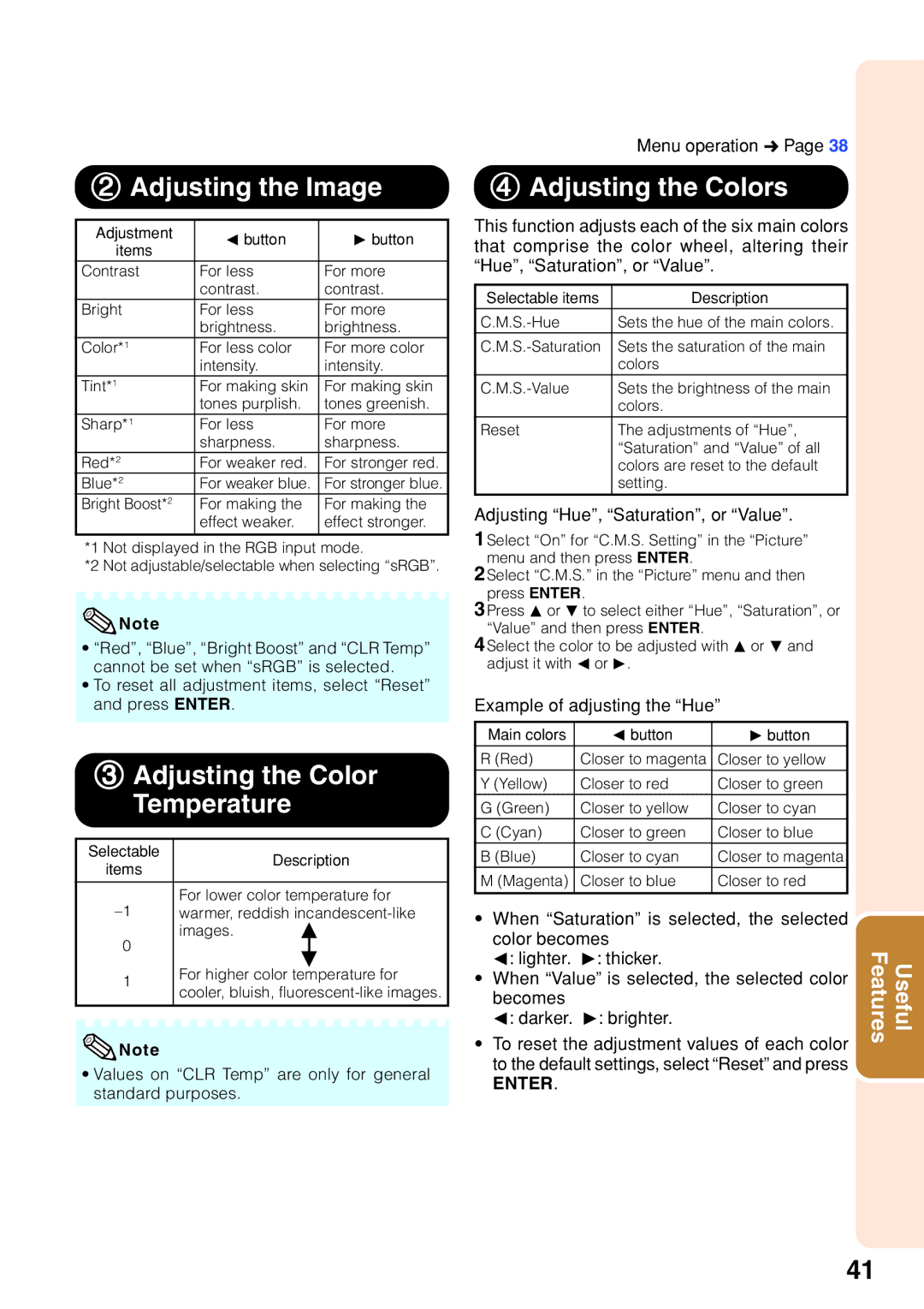 Sharp XR-32S-L 2Adjusting the Image, 3Adjusting the Color Temperature, 4Adjusting the Colors, Example of adjusting the Hue 