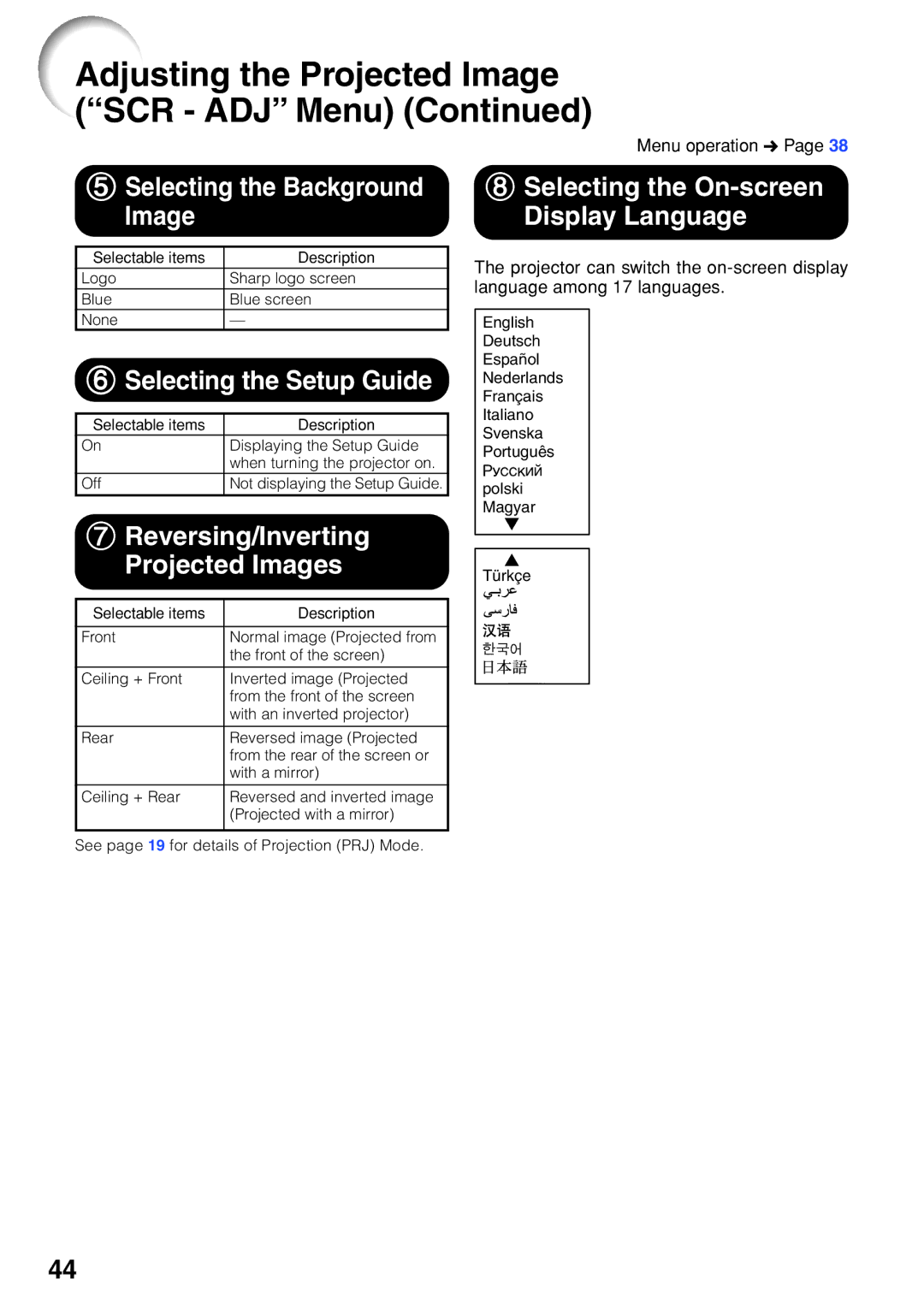 Sharp XR-32X-L, XR-32S-L Selecting the Background Image, Selecting the Setup Guide, Reversing/Inverting Projected Images 