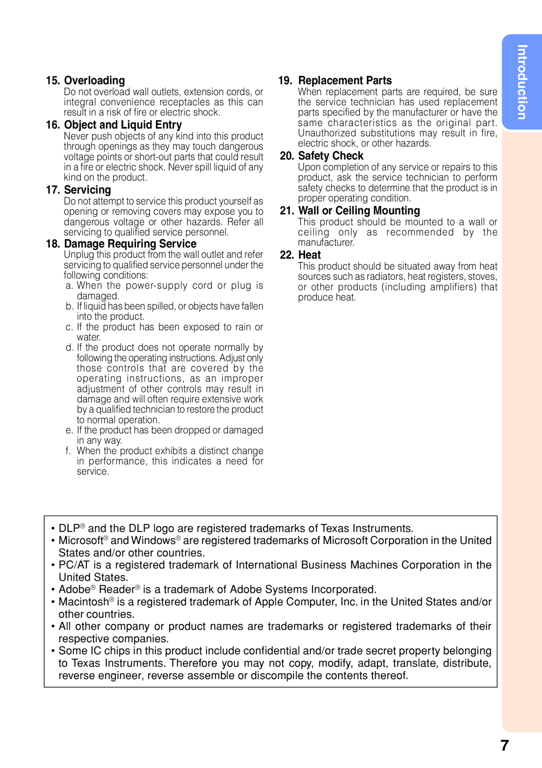 Sharp XR-32S-L Introduction, Overloading, Object and Liquid Entry, Servicing, Damage Requiring Service, Replacement Parts 