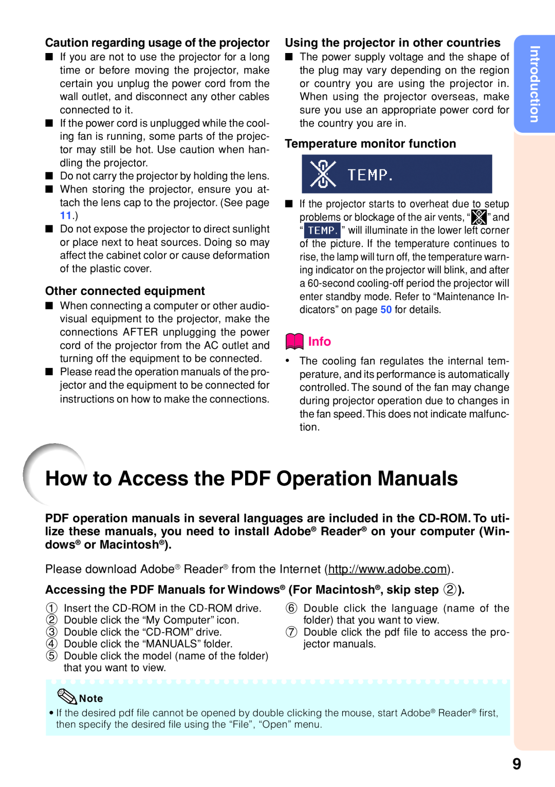 Sharp XR-32S-L How to Access the PDF Operation Manuals, Info, Introduction, Caution regarding usage of the projector 