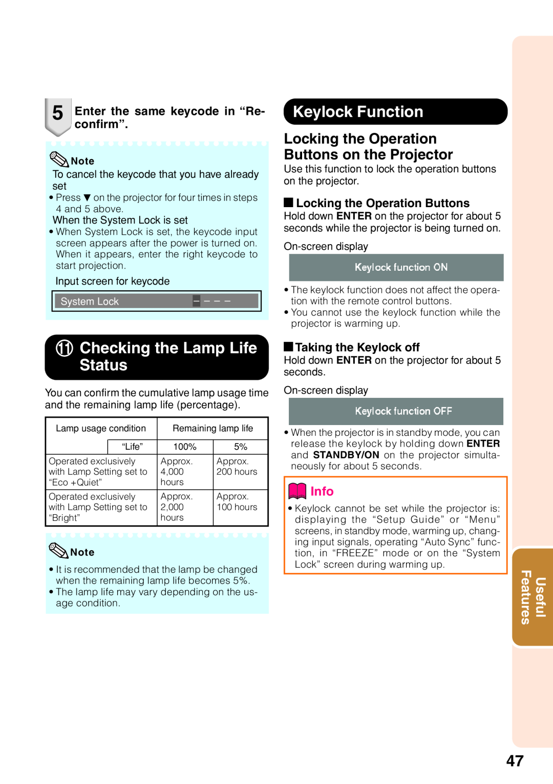 Sharp XR-32S-L Keylock Function, Checking the Lamp Life Status, Locking the Operation Buttons on the Projector, Info 