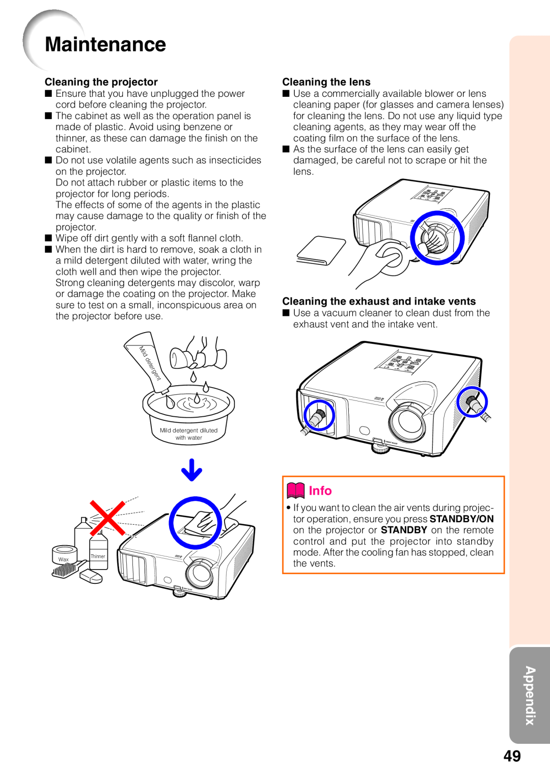 Sharp XR-32S-L, XR-32X-L quick start Maintenance, Appendix, Info, Cleaning the projector, Cleaning the lens 