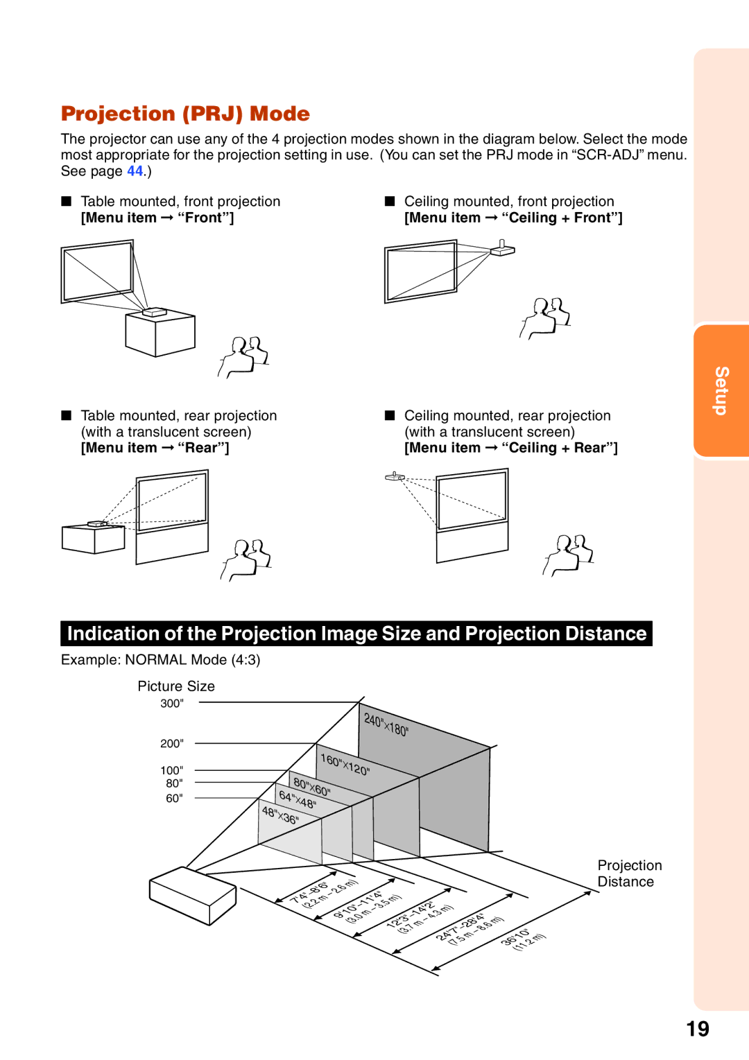 Sharp XR-32X quick start Projection PRJ Mode, Example Normal Mode Picture Size, 120, Projection Distance 