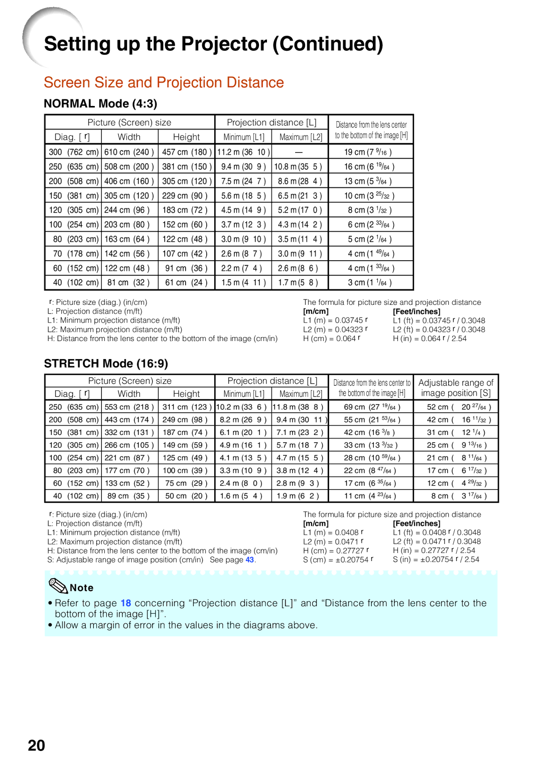 Sharp XR-32X quick start Screen Size and Projection Distance, Normal Mode, Stretch Mode 