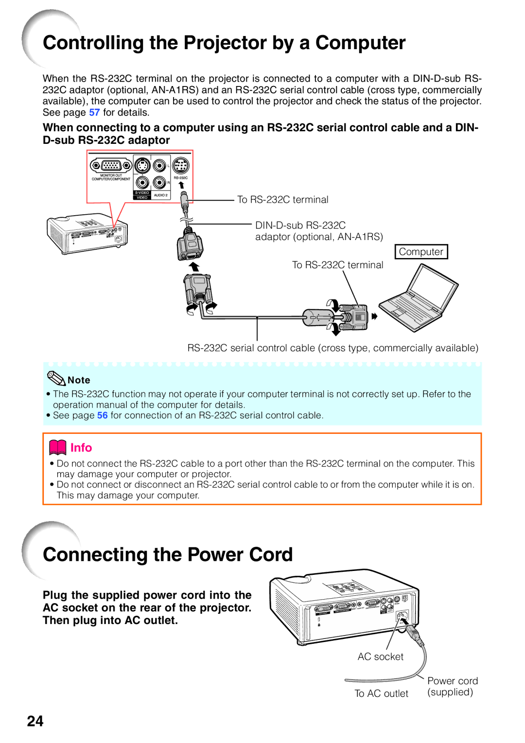 Sharp XR-32X quick start Controlling the Projector by a Computer, Connecting the Power Cord 