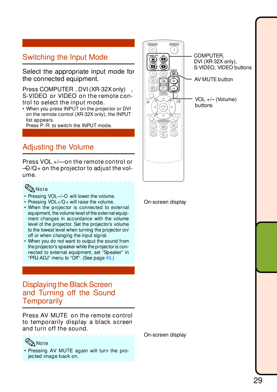 Sharp XR-32X quick start Switching the Input Mode, Adjusting the Volume, On-screen display 