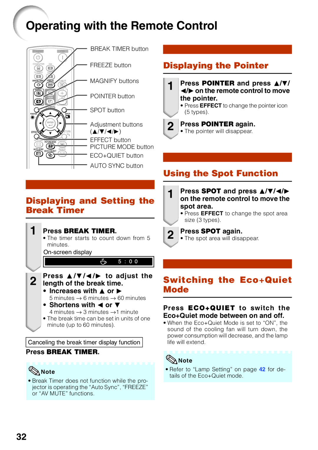 Sharp XR-32X quick start Operating with the Remote Control, Displaying the Pointer, Displaying and Setting the Break Timer 