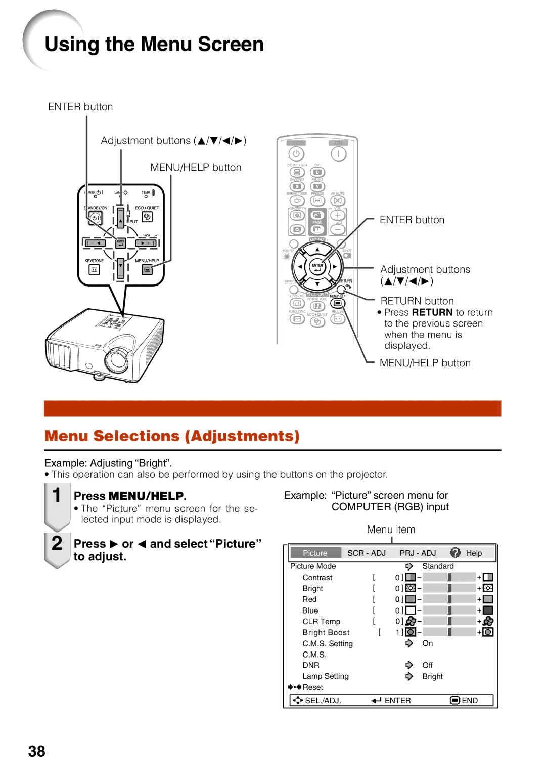 Sharp XR-32X Using the Menu Screen, Menu Selections Adjustments, Press Qor Oand select Picture to adjust, Menu item 