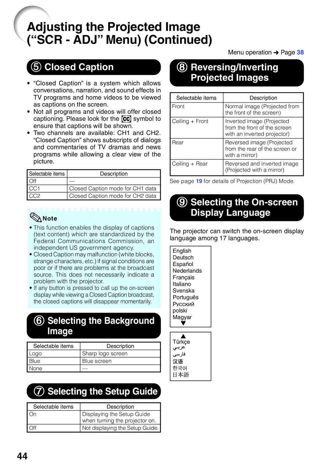 Sharp XR-32X quick start 5Closed Caption, 6Selecting the Background Image, Reversing/Inverting Projected Images 