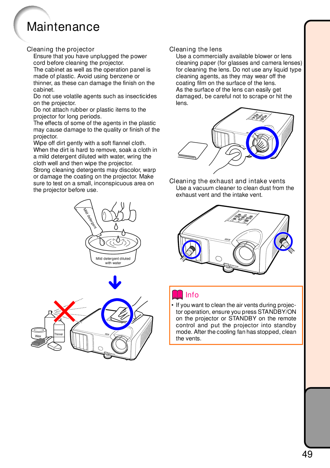 Sharp XR-32X quick start Maintenance, Cleaning the projector 