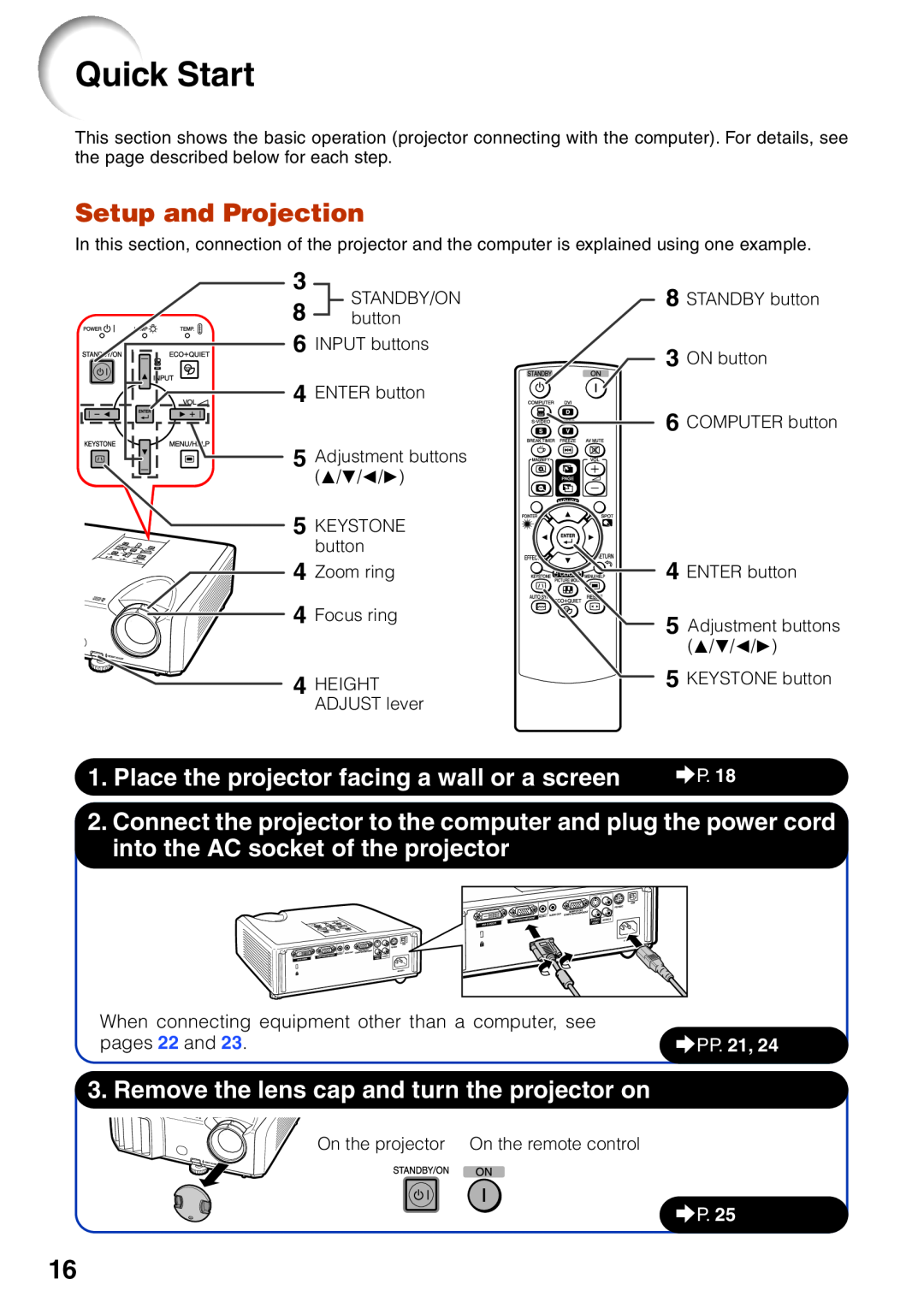 Sharp XR-32X quick start Quick Start, Setup and Projection, Place the projector facing a wall or a screen, PP. 21 