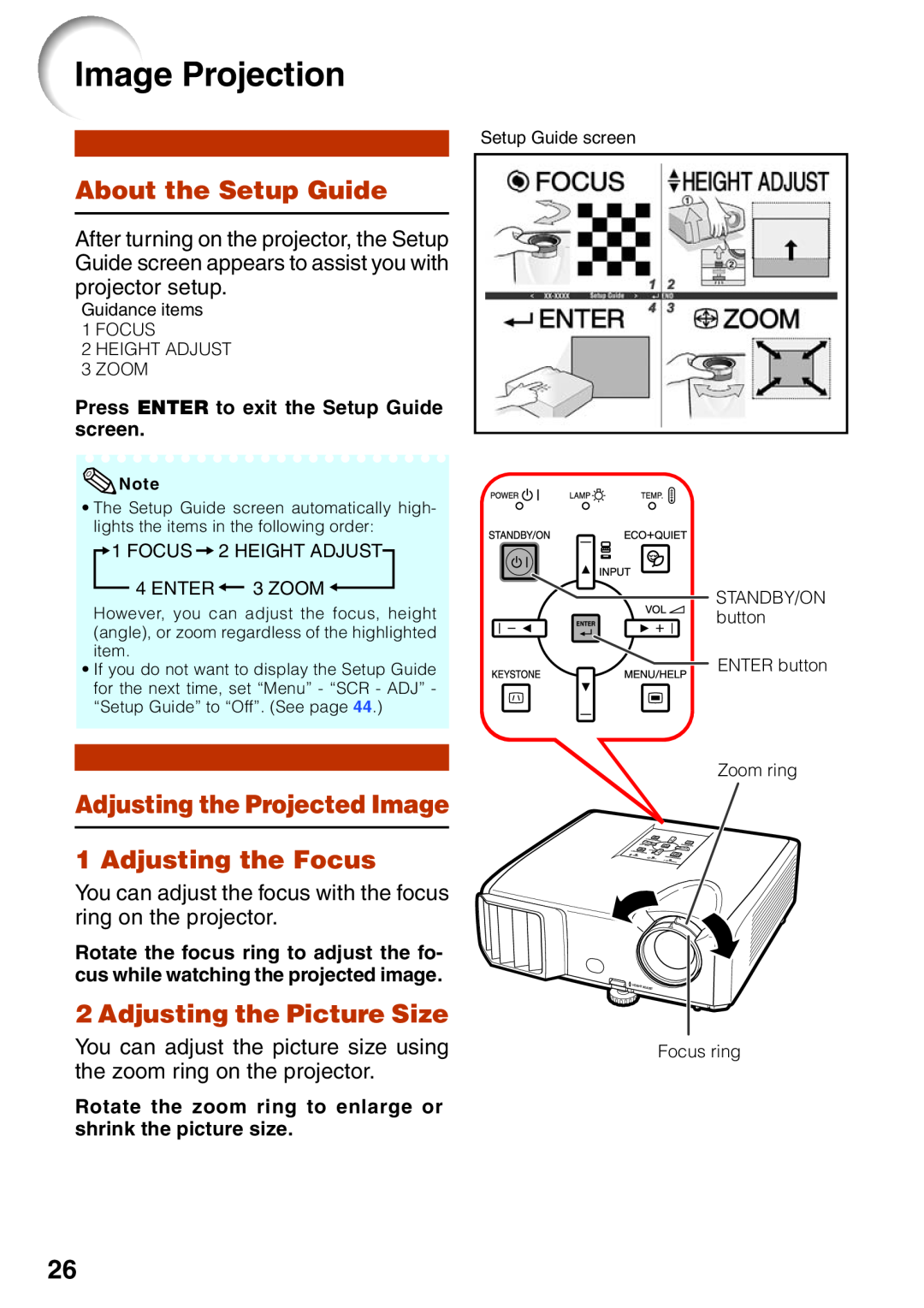 Sharp XR-32X quick start Image Projection, About the Setup Guide, Adjusting the Projected Image 1 Adjusting the Focus 