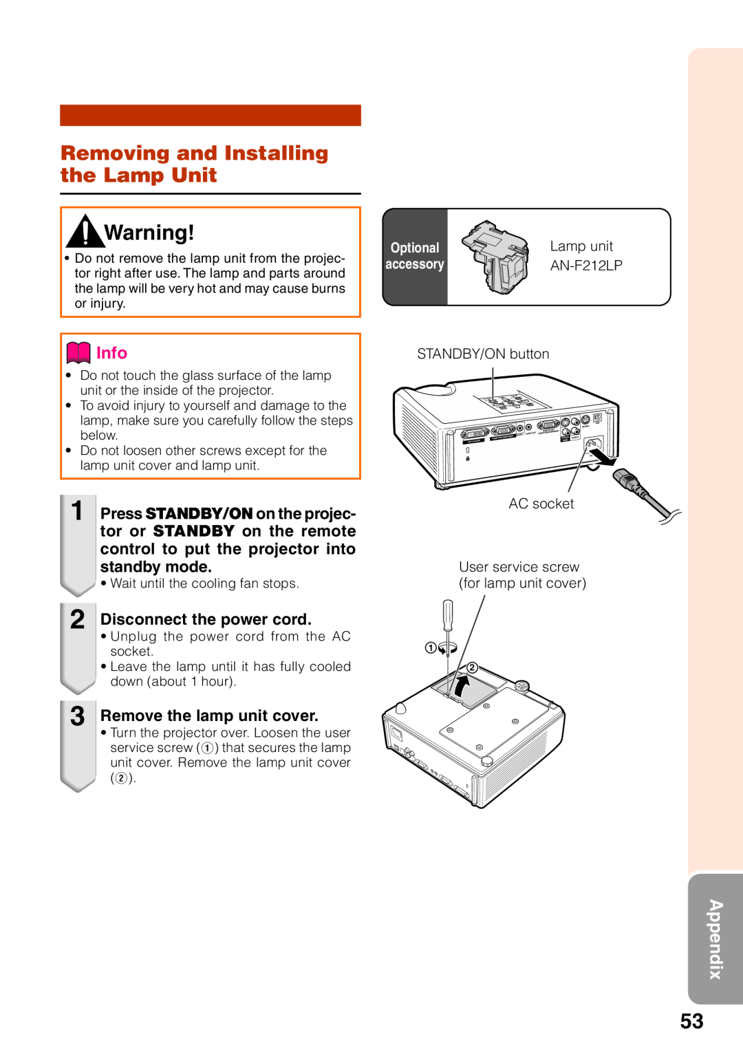 Sharp XR-32X Removing and Installing the Lamp Unit, Info, Appendix, Disconnect the power cord, Remove the lamp unit cover 