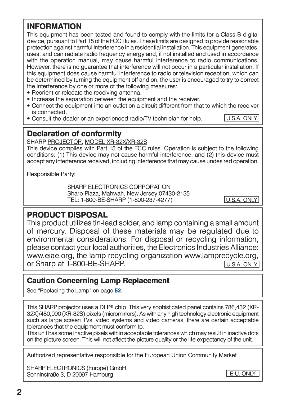 Sharp XR-32X quick start Information, Declaration of conformity, Product Disposal, Caution Concerning Lamp Replacement 