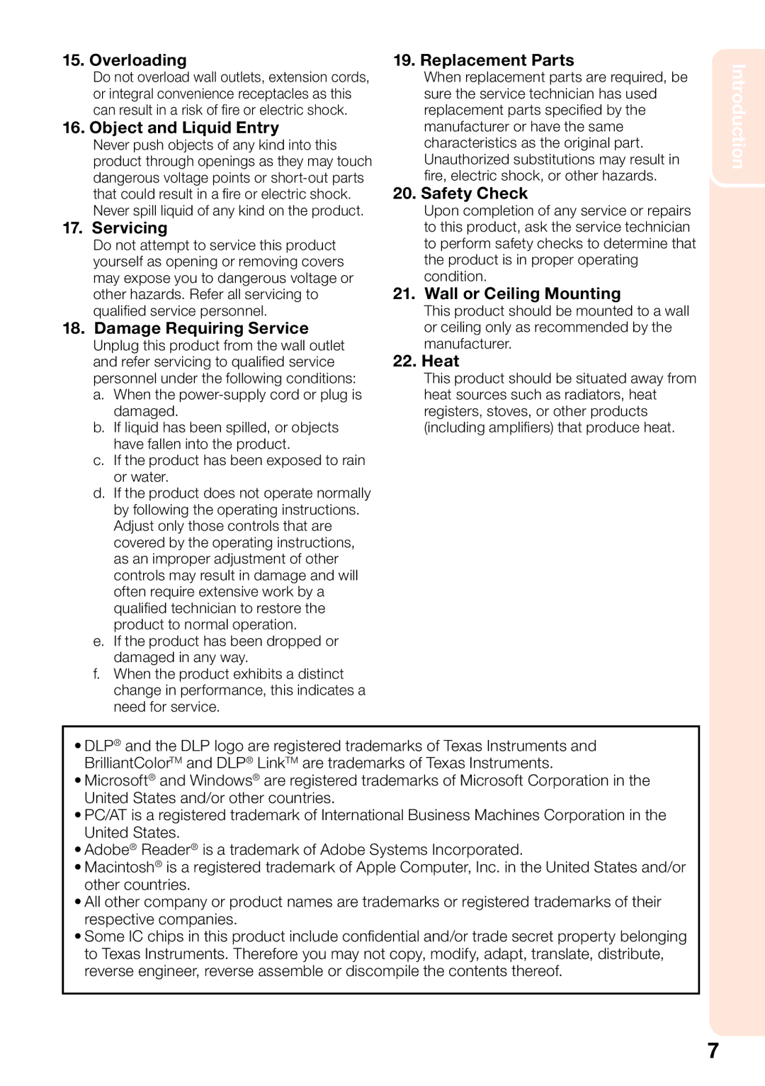 Sharp XR-50S Overloading, Object and Liquid Entry, Servicing, Damage Requiring Service, Replacement Parts, Safety Check 