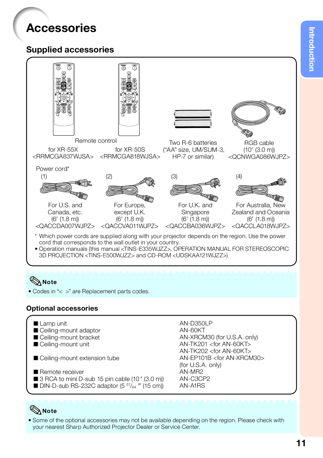 Sharp XR-50S, XR-55X appendix Accessories, Optional accessories 