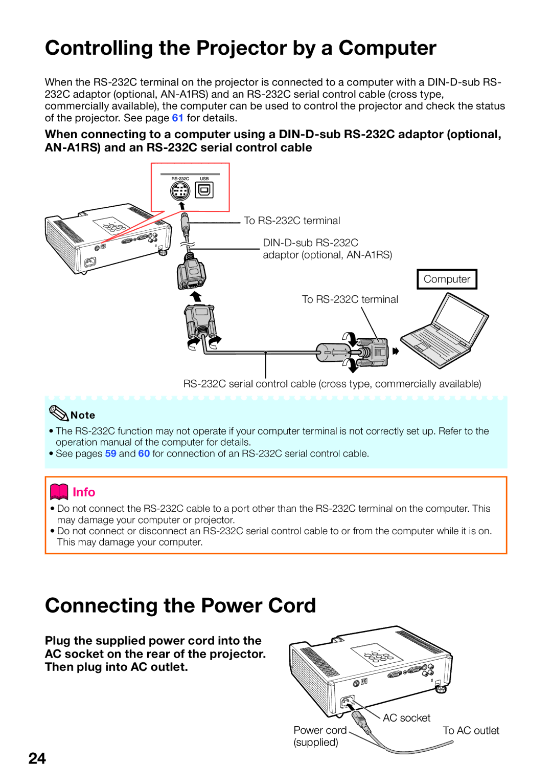 Sharp XR-55X, XR-50S appendix Controlling the Projector by a Computer, Connecting the Power Cord 