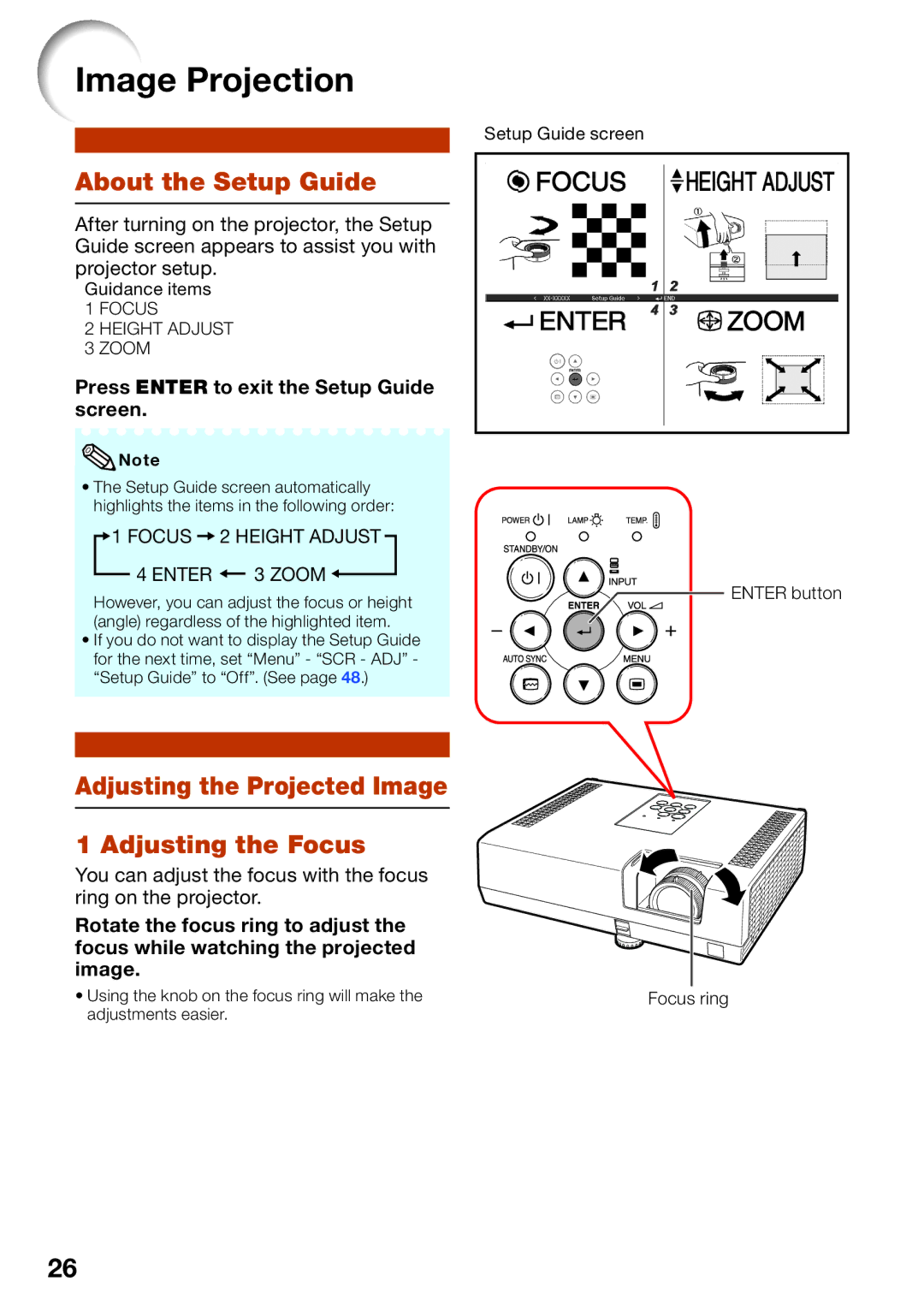 Sharp XR-55X, XR-50S appendix Image Projection, About the Setup Guide, Adjusting the Projected Image Adjusting the Focus 