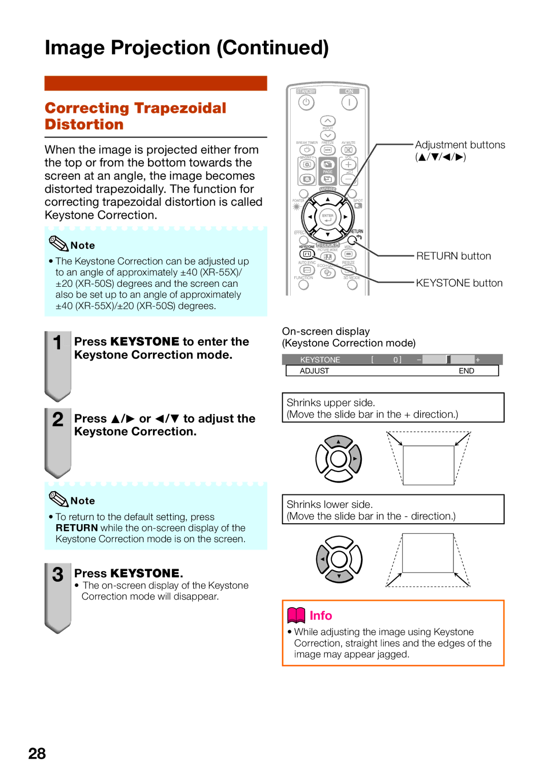 Sharp XR-55X Correcting Trapezoidal Distortion, Press Keystone, Adjustment buttons P/R/O/Q Return button Keystone button 