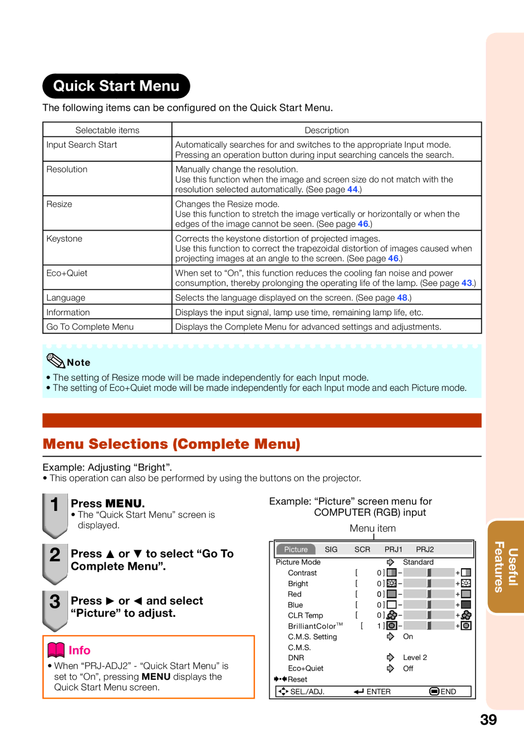 Sharp XR-50S, XR-55X appendix Menu Selections Complete Menu, Following items can be conﬁgured on the Quick Start Menu 