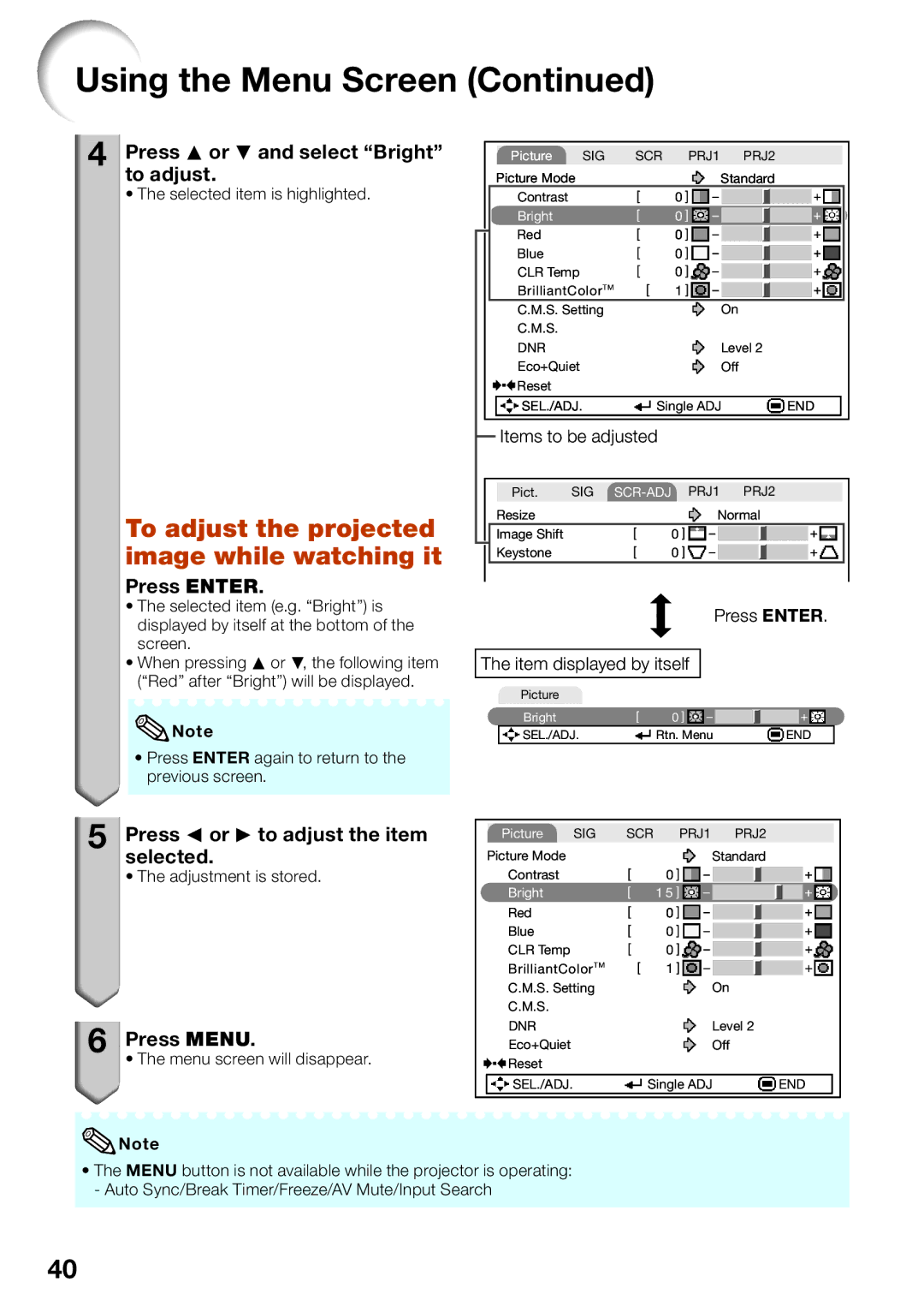 Sharp XR-55X, XR-50S appendix To adjust the projected, Image while watching it 