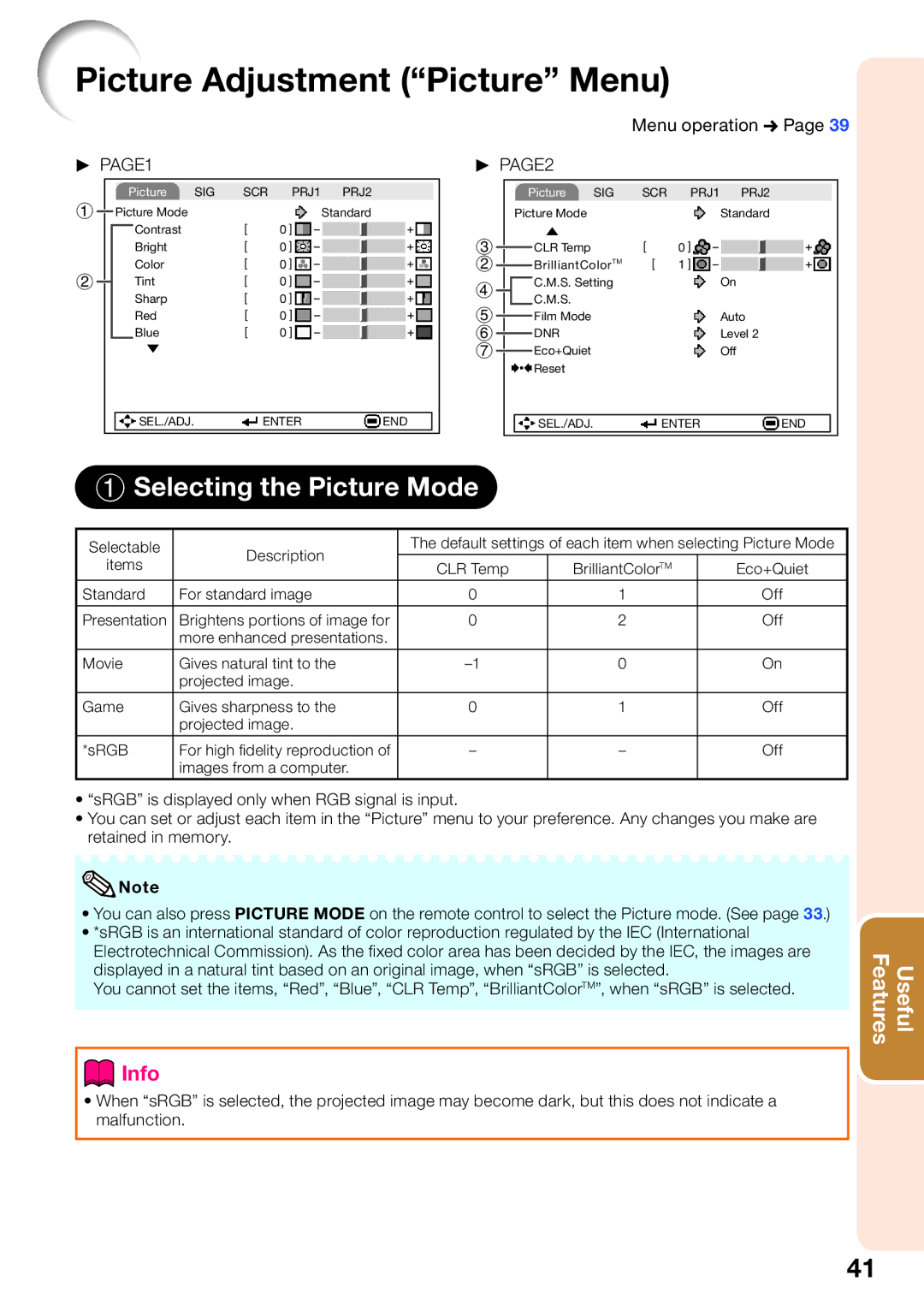 Sharp XR-50S, XR-55X appendix Picture Adjustment Picture Menu, Selecting the Picture Mode, PAGE1, Menu operation n, PAGE2 