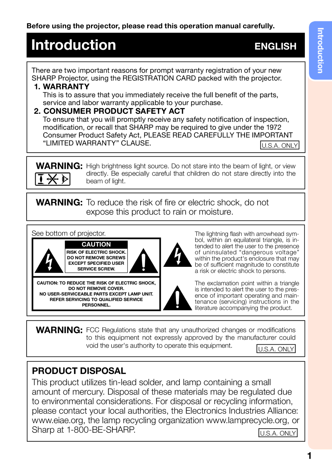 Sharp XR-50S, XR-55X appendix IntroductionENGLISH, Void the users authority to operate this equipment 