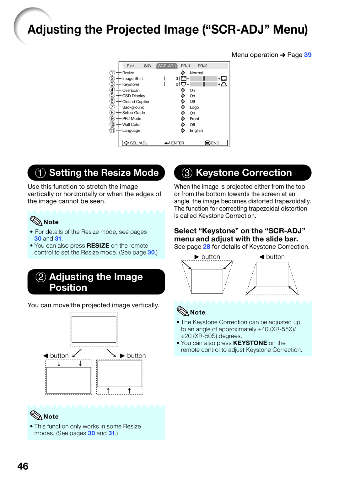 Sharp XR-55X, XR-50S appendix Adjusting the Projected Image SCR-ADJ Menu, Setting the Resize Mode, Keystone Correction 