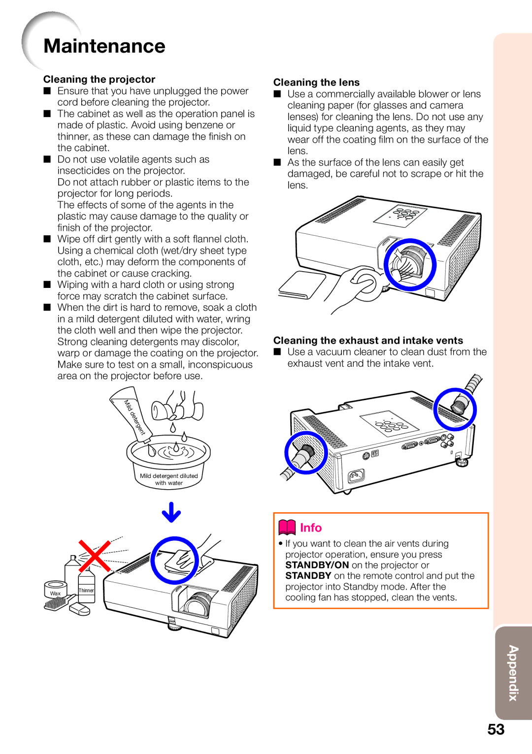 Sharp XR-50S, XR-55X appendix Maintenance, Cleaning the projector 