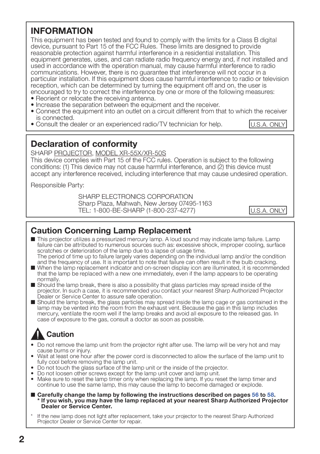 Sharp appendix Sharp PROJECTOR, Model XR-55X/XR-50S, Sharp Electronics Corporation, A. only 