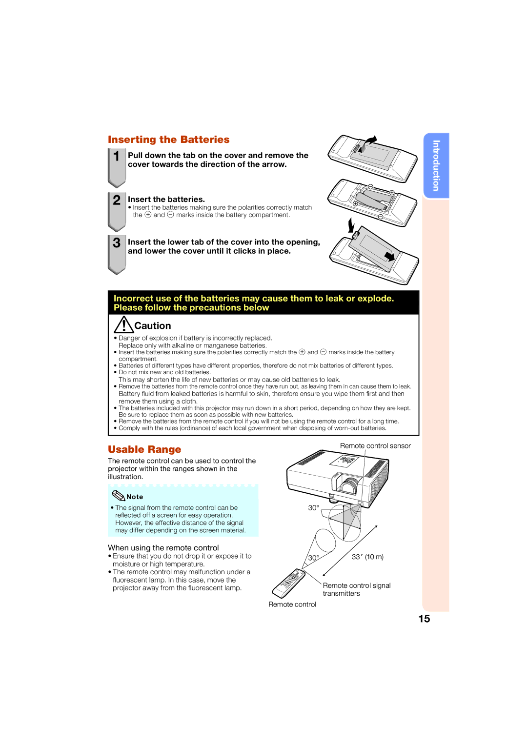 Sharp XR-50S, XR-55X appendix Inserting the Batteries, Usable Range, Remote control signal transmitters 