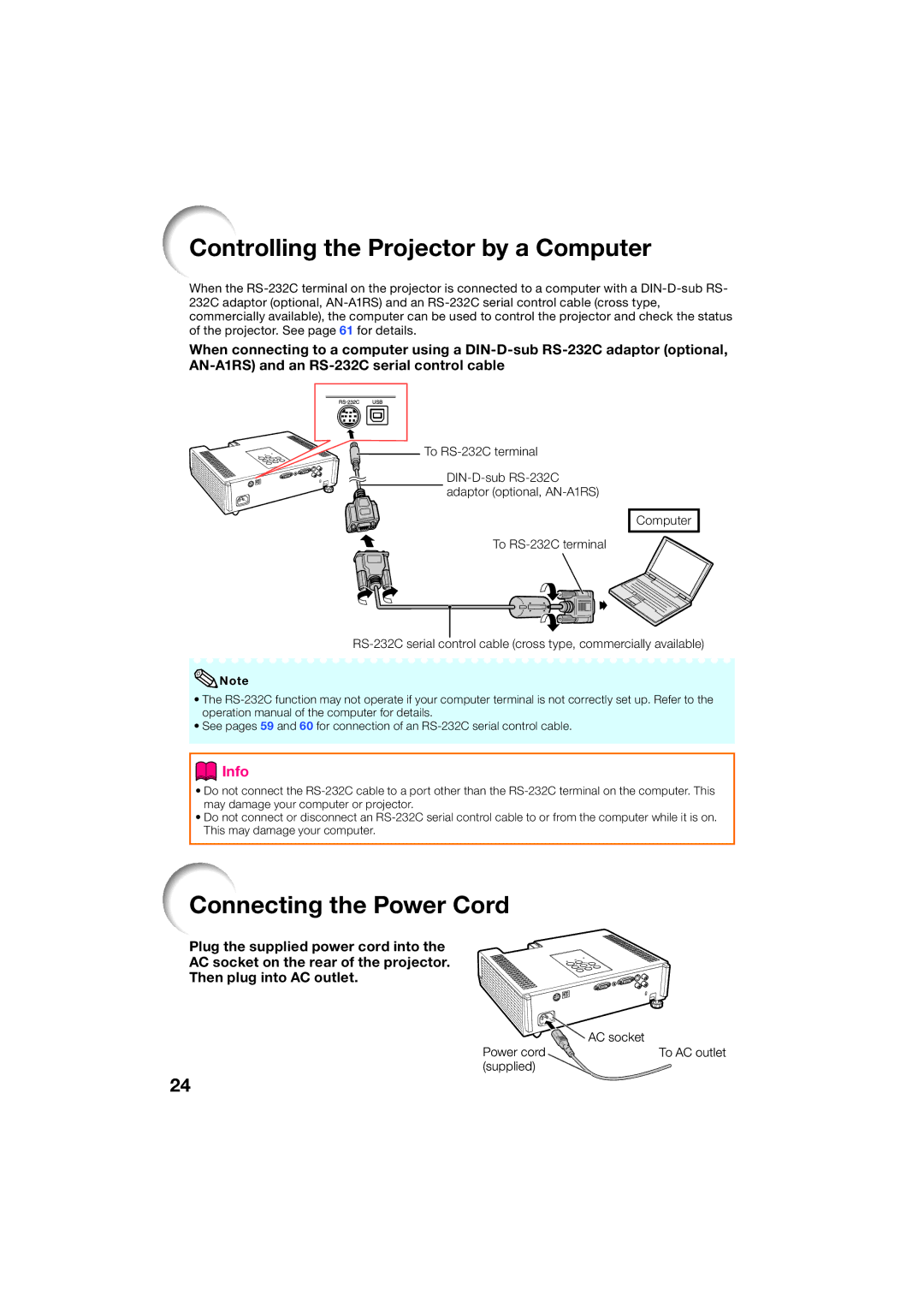 Sharp XR-55X, XR-50S appendix Controlling the Projector by a Computer, Connecting the Power Cord 