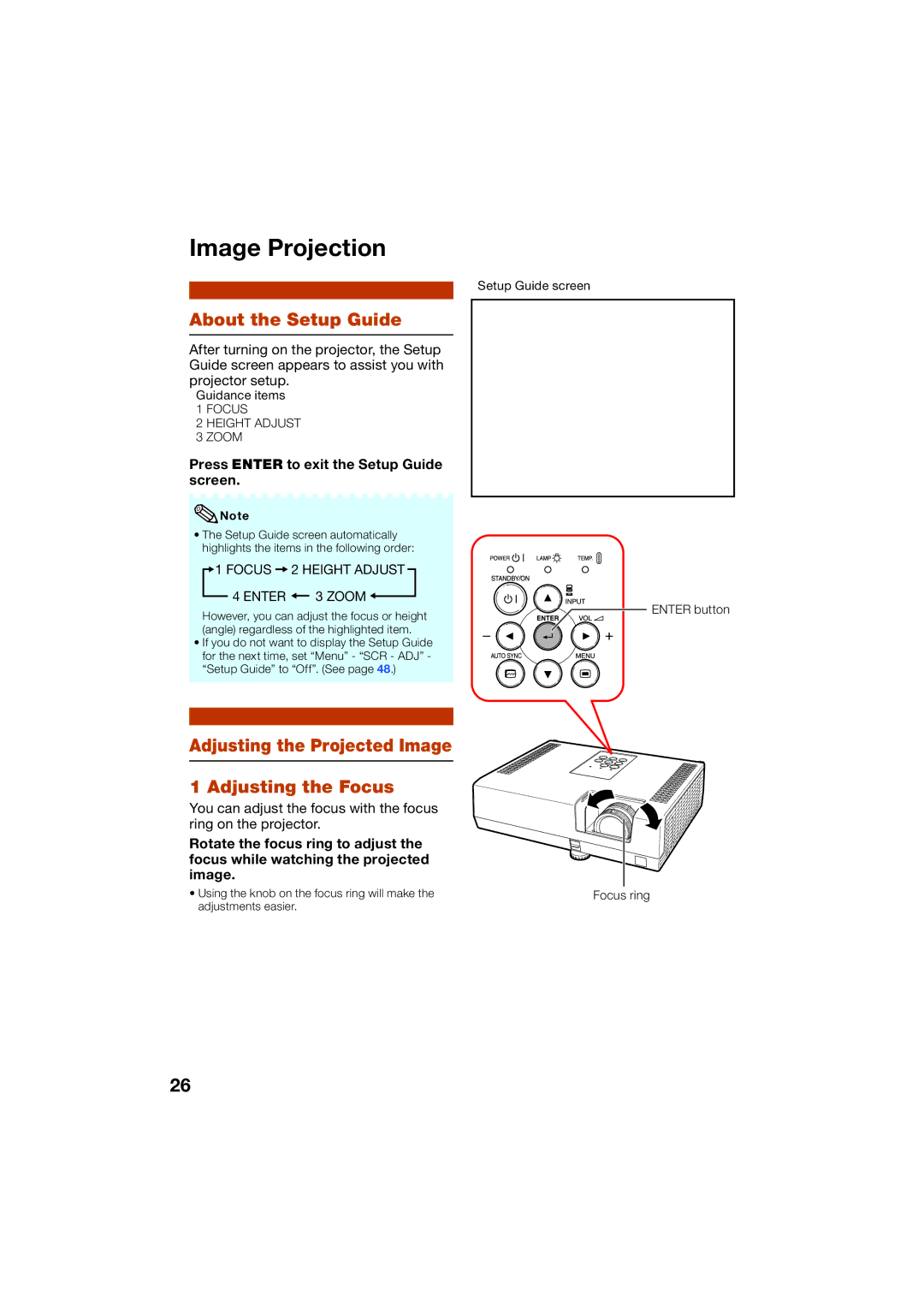 Sharp XR-55X, XR-50S appendix Image Projection, About the Setup Guide, Adjusting the Projected Image Adjusting the Focus 