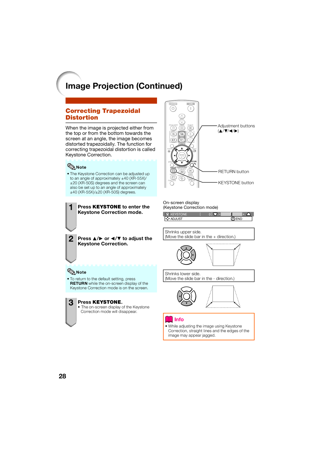 Sharp XR-55X Correcting Trapezoidal Distortion, Press Keystone, Adjustment buttons P/R/O/Q Return button Keystone button 