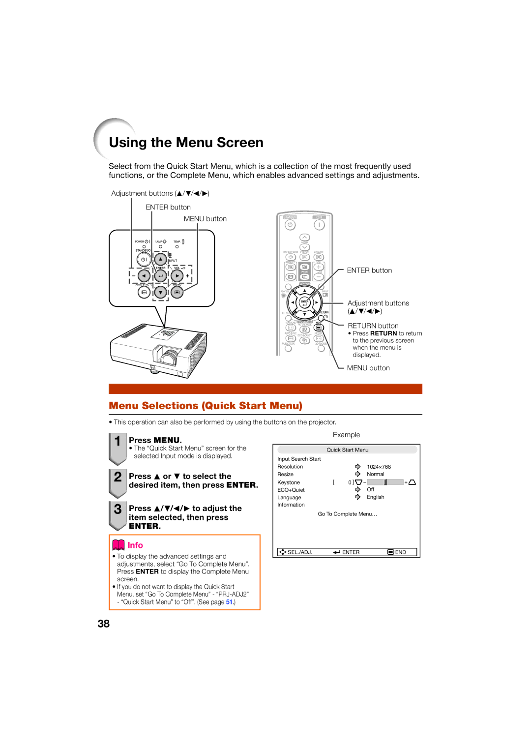 Sharp XR-55X, XR-50S appendix Using the Menu Screen, Menu Selections Quick Start Menu, Press Menu, Example 