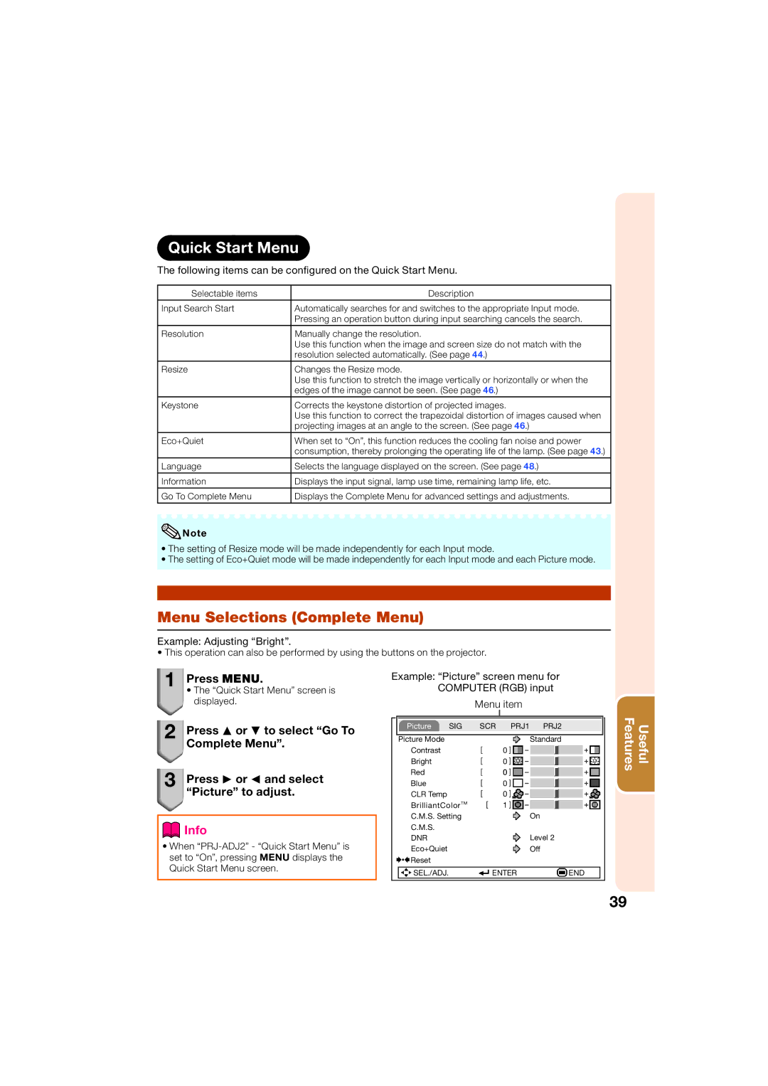 Sharp XR-50S, XR-55X appendix Menu Selections Complete Menu, Following items can be conﬁgured on the Quick Start Menu 